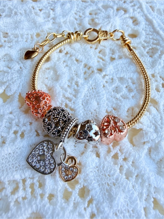 Jewelry - Gold-Tone Heart Charm Bracelet with Rose Gold & Silver Accents